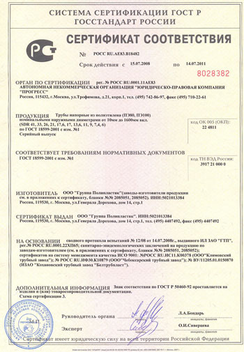 Сертификат соответствия продукции требованиям ГОСТ 18599-2001
